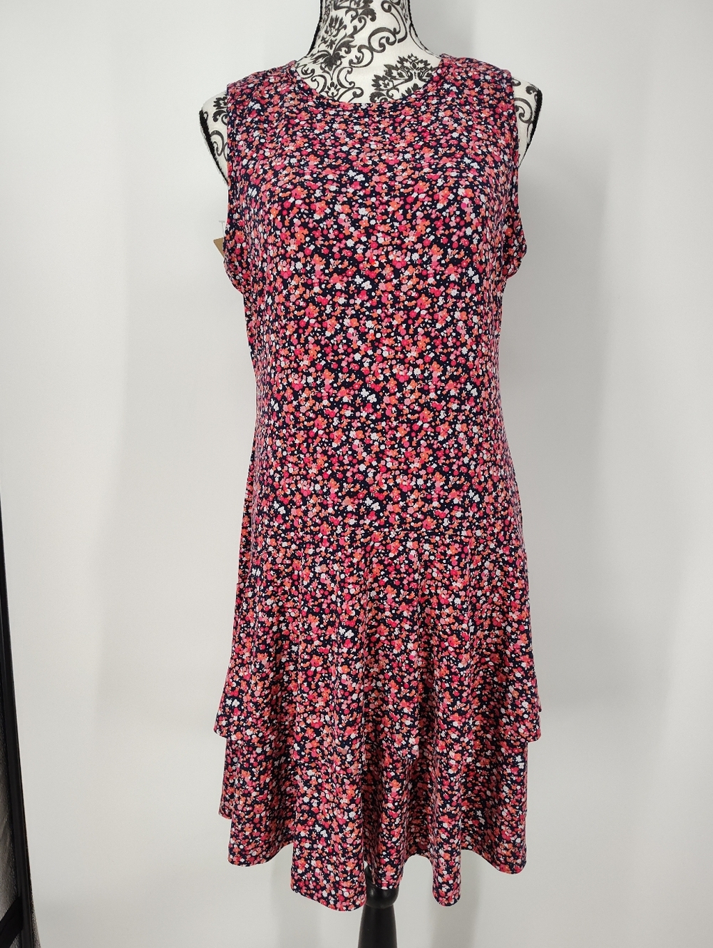 Michael Kors Navy Sleeveless Pink Floral Tiered Midi Dress Women's Large